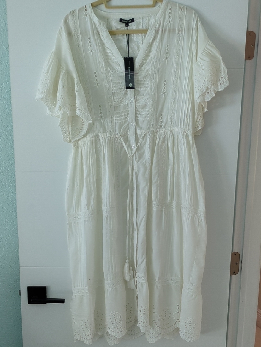 Love Sam Ivory Eyelet Boho Midi Tiered Button Down Dress Sz M Cottage Core Lace